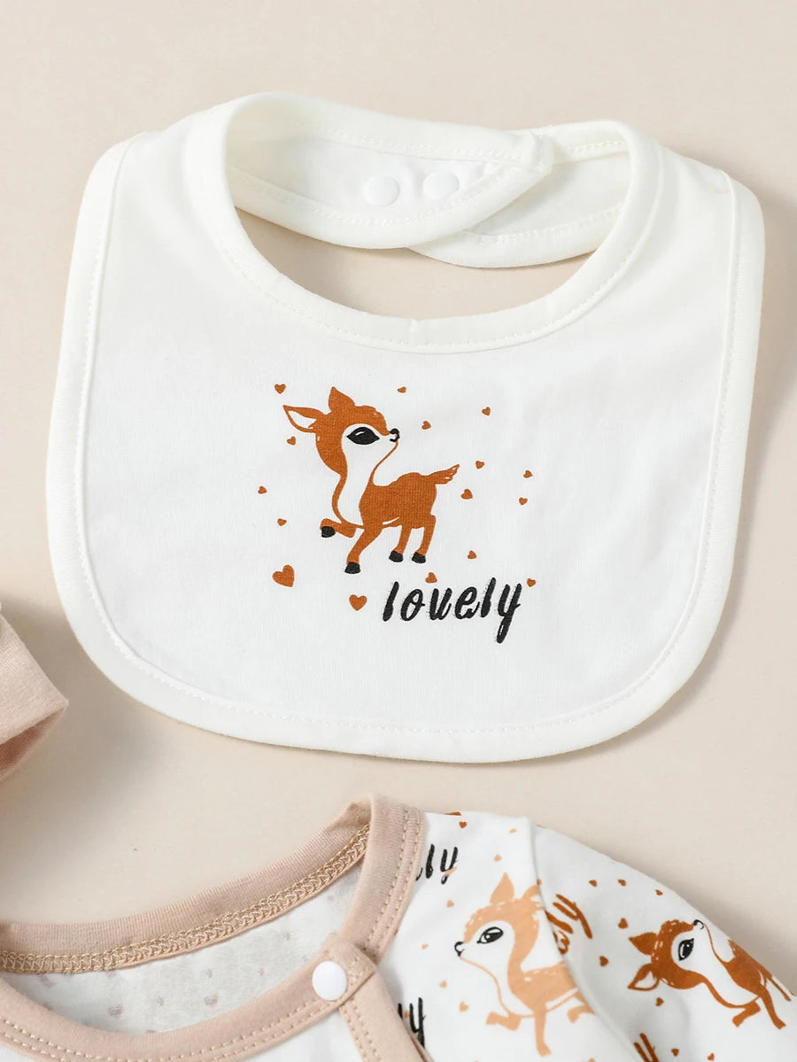 4PCS Baby unisex Long Sleeve Round Neck Animal Print With Button Casual Jumpsuit +Bib+Hat+Gloves