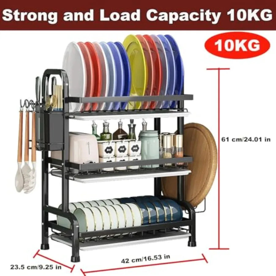 3 Tier Dish Drying Rack Sturdy Carbon Steel Dish Racks for Kitchen Counter Metal Kitchen Organizers and Storage Rack Large Capa