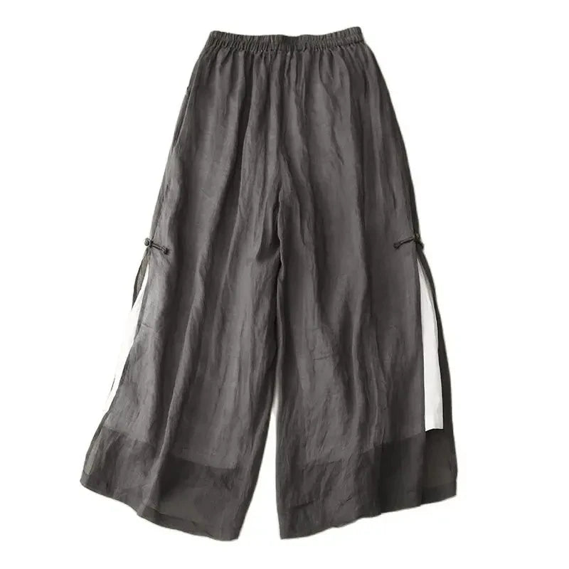 Gray Cotton Linen Casual Elastic High Waist With Lining Women's Pants Wide Leg Ankle-Length Pants For Women Clothing Fashion