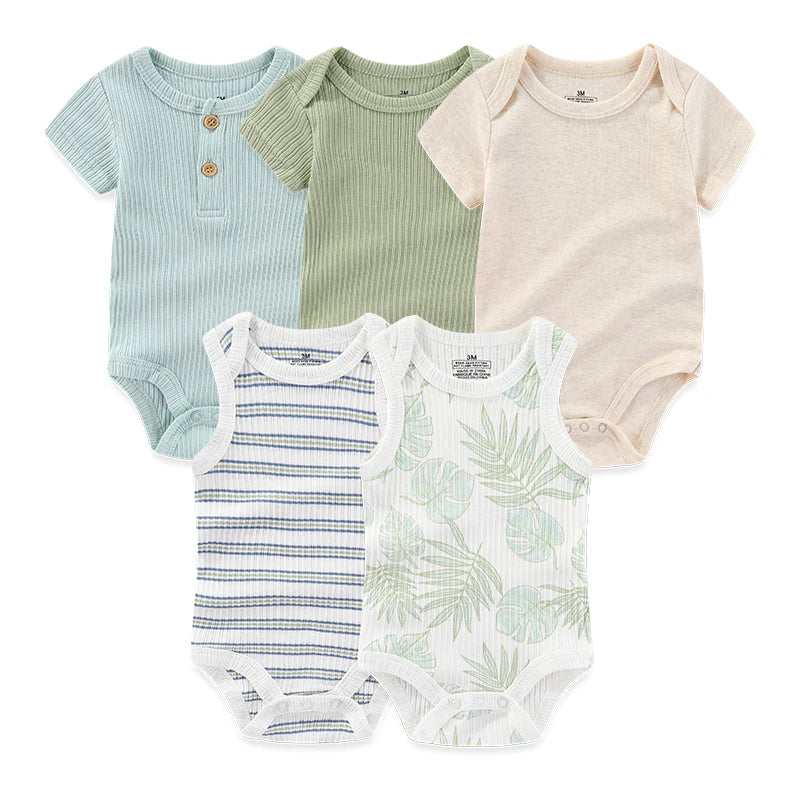 Kiddiezoom 5pcs Summer Short Sleeve Baby Boy Girl Bodysuits Soft Cartoon Newborn Baby Onesie