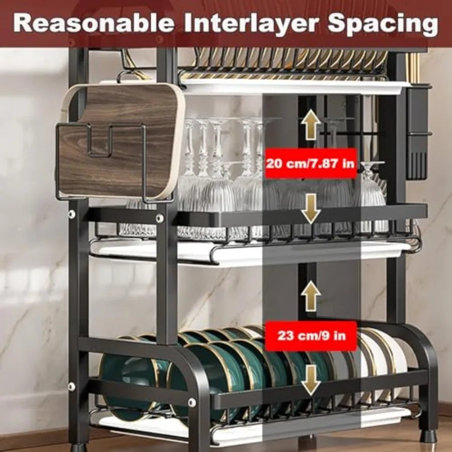 3 Tier Dish Drying Rack Sturdy Carbon Steel Dish Racks for Kitchen Counter Metal Kitchen Organizers and Storage Rack Large Capa