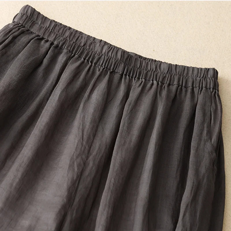 Gray Cotton Linen Casual Elastic High Waist With Lining Women's Pants Wide Leg Ankle-Length Pants For Women Clothing Fashion