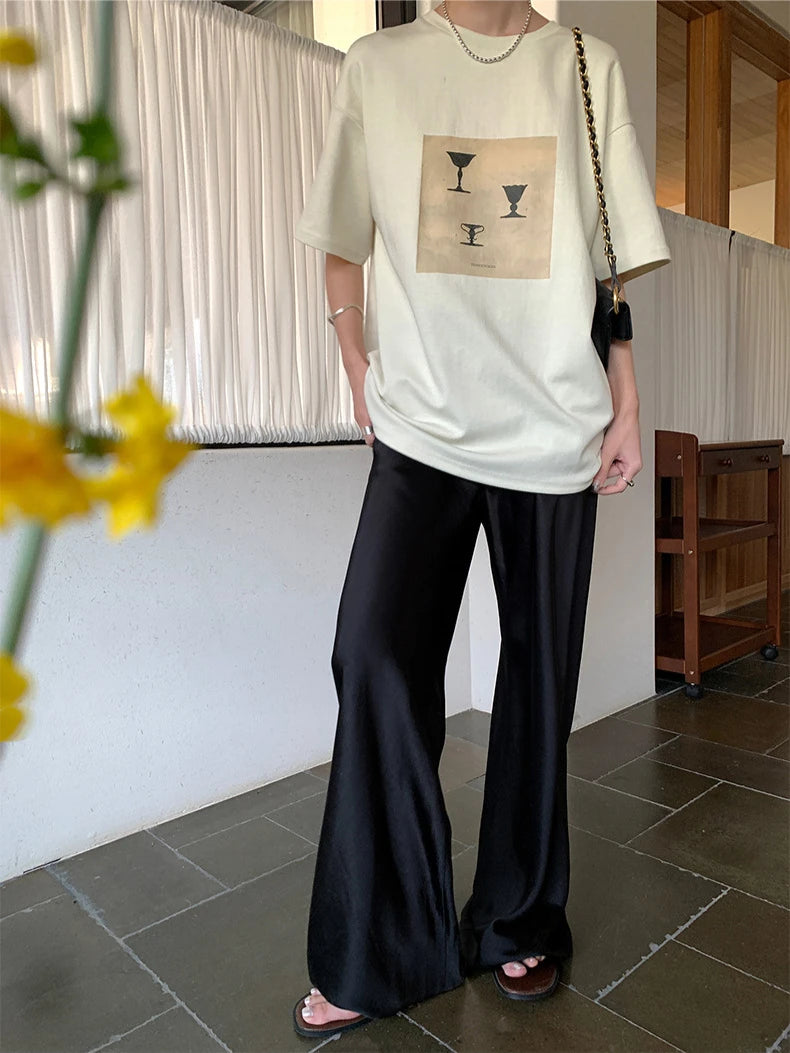 CHEERART Satin Pants For Women Korean Fashion 2023 Summer Trousers Casual Wide Leg Pants Beige Black Blue Bottoms Clothes