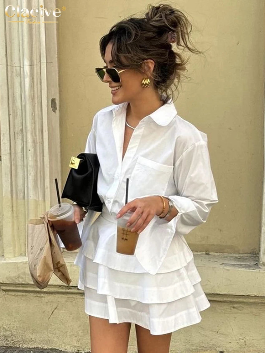 Clacive Fashion Loose White Cotton Women's Two Pieces Set 2025 Elegant Long Sleeve Shirt With High Waist Pleated Mini Skirt Set