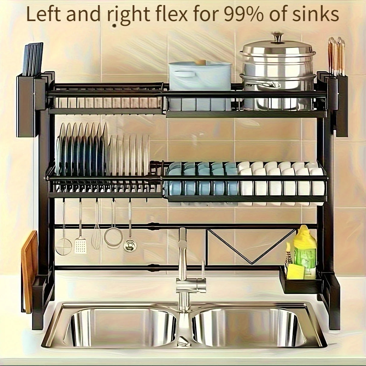 1 adjustable black metal kitchen rack with sink and lid -2-layer expandable dishwasher rack with cutlery rack.