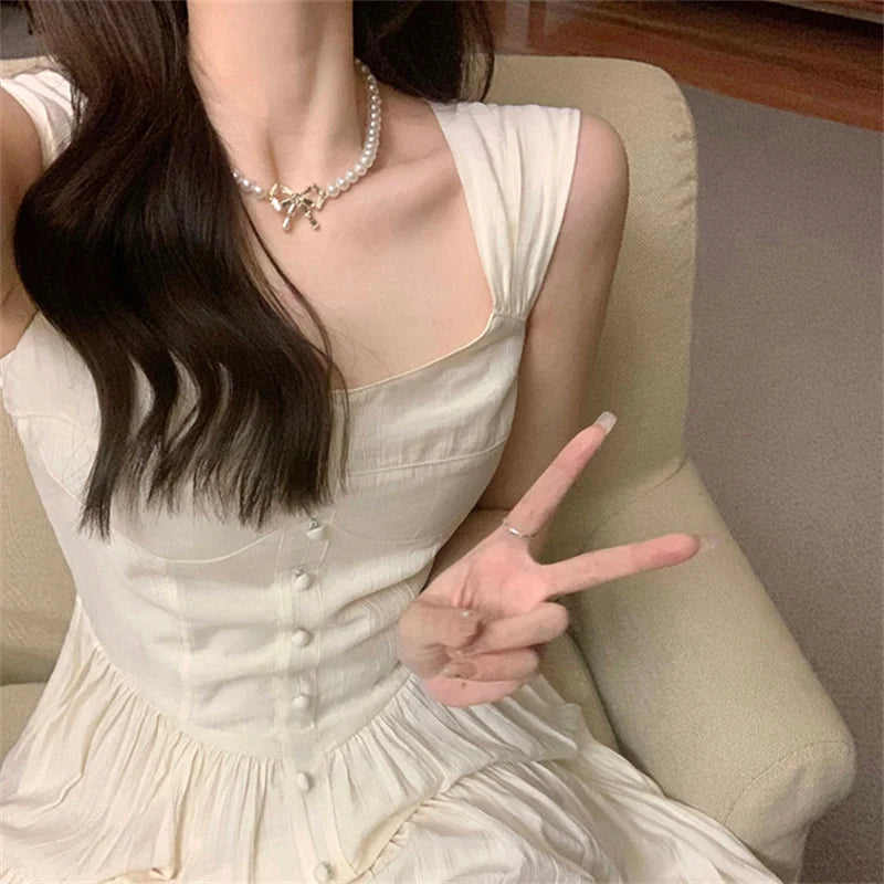 Summer Aesthetic White Sweet Dress Women Korean Vintage Slip Princess Slim Waist Dresses Elegant Ruffle High Waist Skirt
