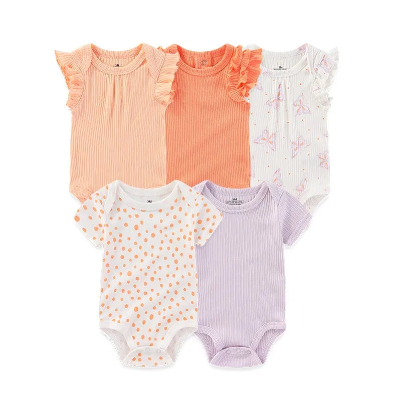 Kiddiezoom 5pcs Summer Short Sleeve Baby Boy Girl Bodysuits Soft Cartoon Newborn Baby Onesie