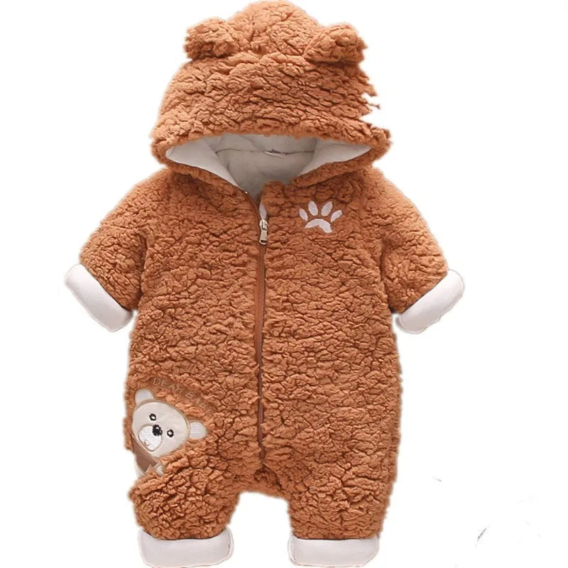 Lamb hair cartoon bear embroidered baby jumpsuit winter new girl baby long sleeved crawling suit thickened girl