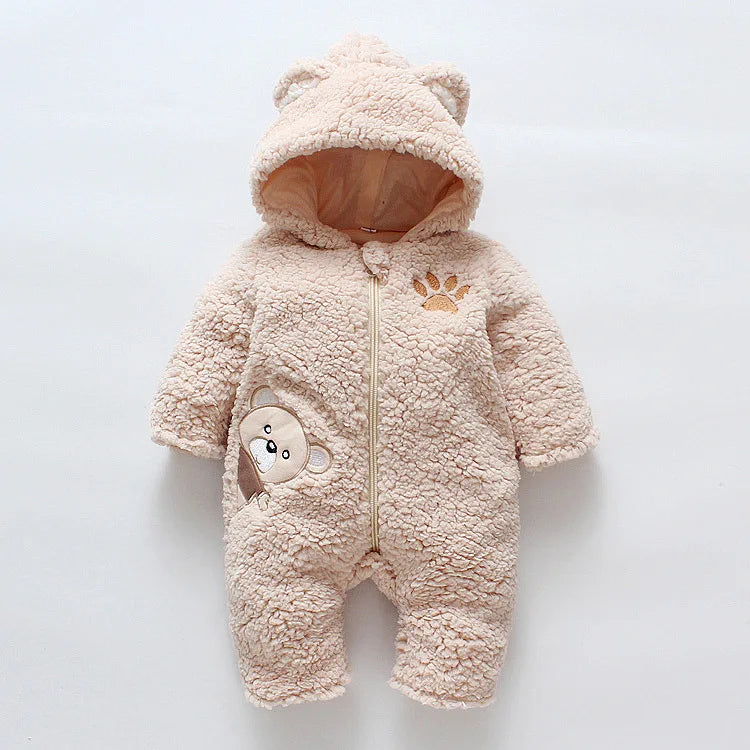 Lamb hair cartoon bear embroidered baby jumpsuit winter new girl baby long sleeved crawling suit thickened girl