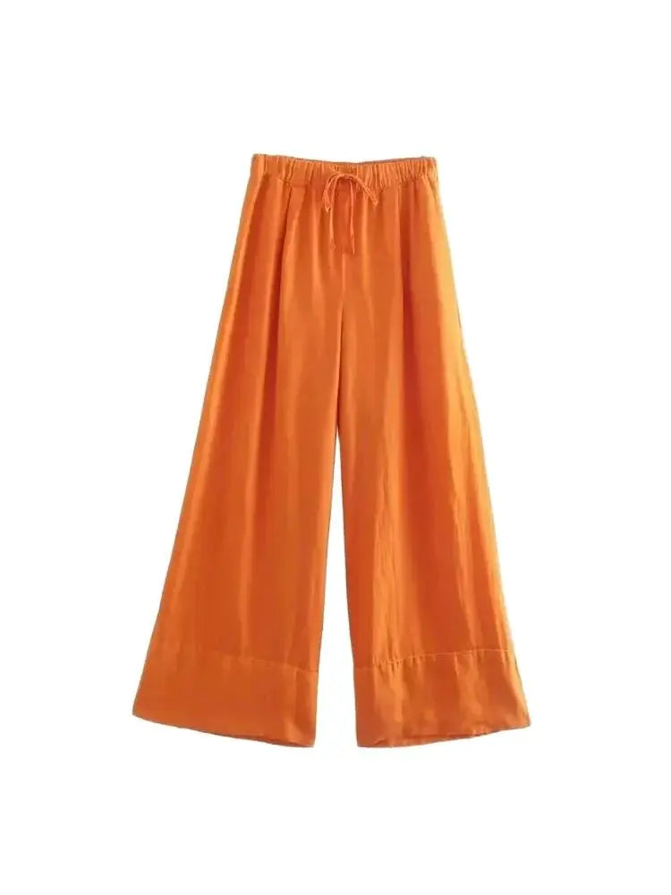 Women Fashion Side Pockets Linen Wide Leg Pants Vintage High Elastic Waist With Drawstrings Female Trousers Mujer