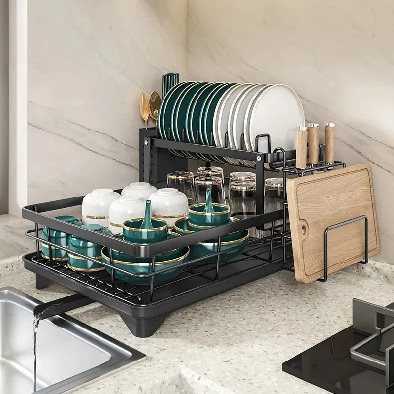 Stainless Steel 2-Tier Dish Drying Rack with Drip Tray – Heavy Duty Kitchen Counter Organizer for Plates, Bowls & Utensils