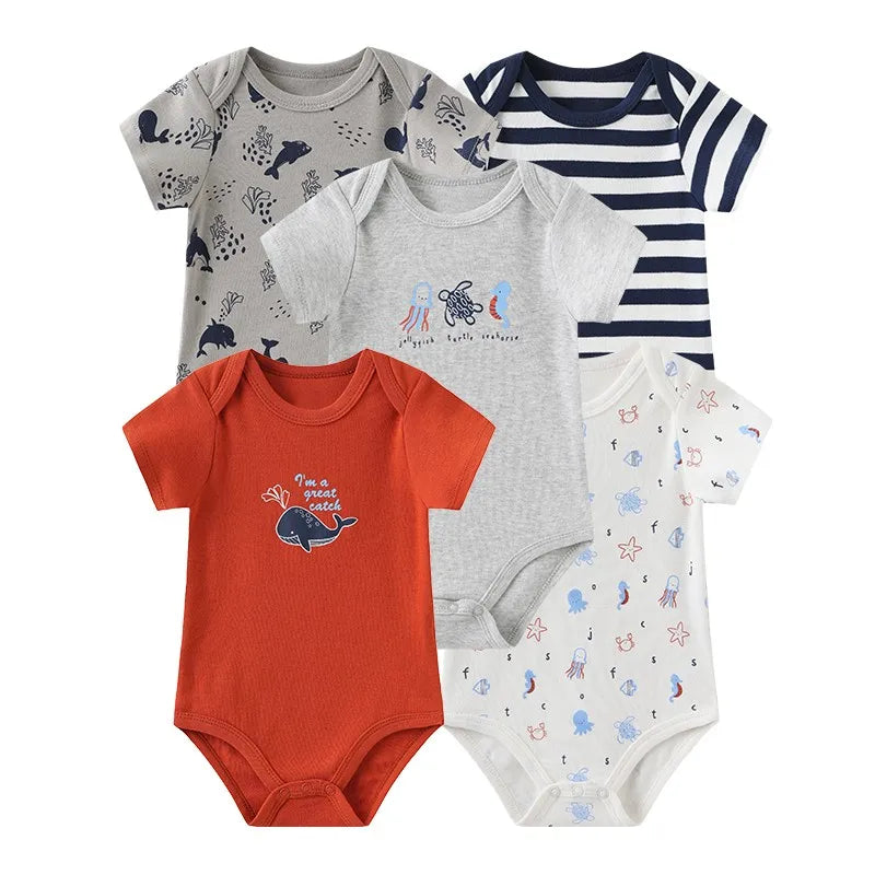 Kiddiezoom 5pcs Summer Short Sleeve Baby Boy Girl Bodysuits Soft Cartoon Newborn Baby Onesie