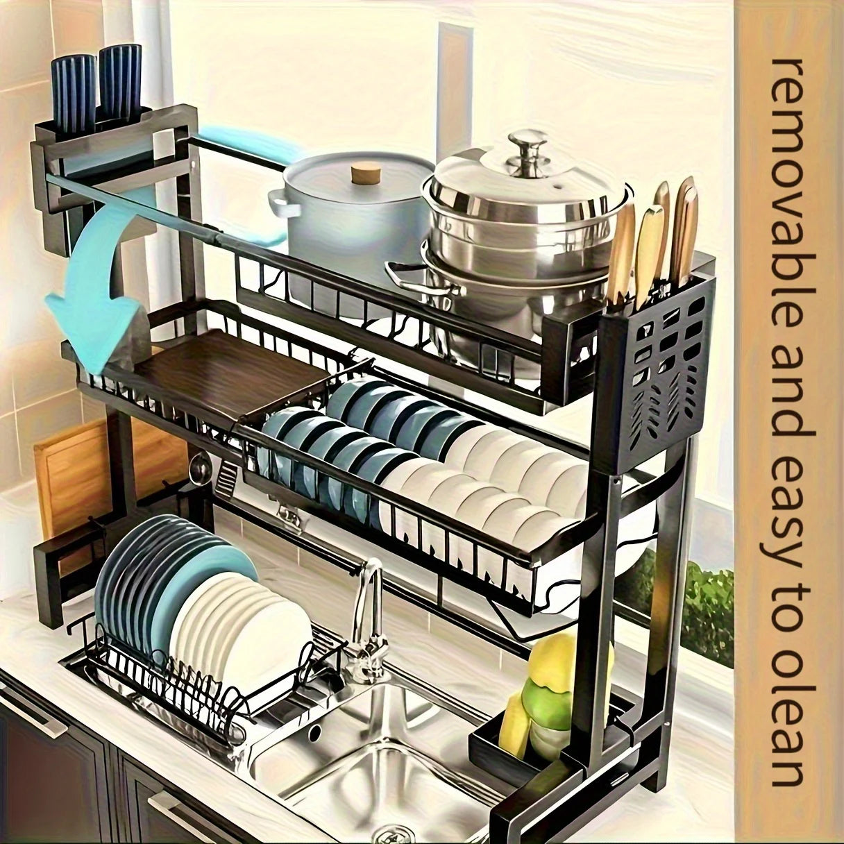 1 adjustable black metal kitchen rack with sink and lid -2-layer expandable dishwasher rack with cutlery rack.