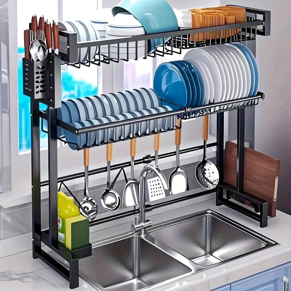 1 adjustable black metal kitchen rack with sink and lid -2-layer expandable dishwasher rack with cutlery rack.