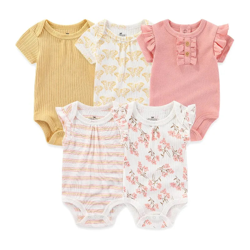 Kiddiezoom 5pcs Summer Short Sleeve Baby Boy Girl Bodysuits Soft Cartoon Newborn Baby Onesie