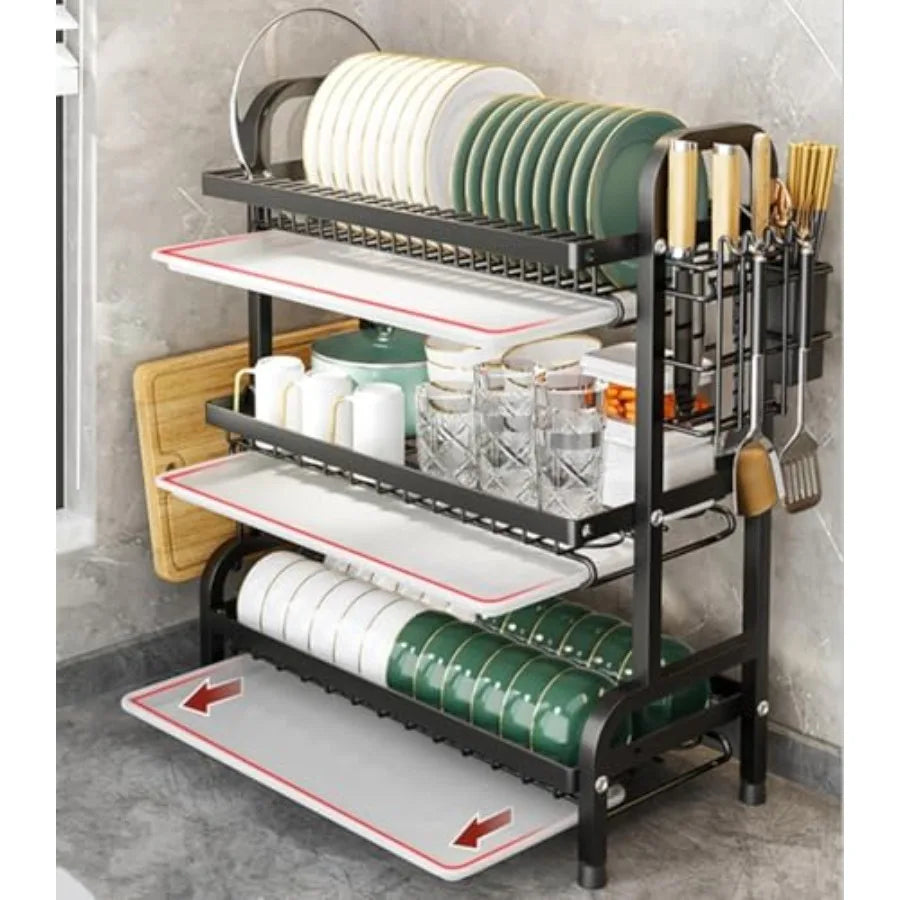 3 Tier Dish Drying Rack Sturdy Carbon Steel Dish Racks for Kitchen Counter Metal Kitchen Organizers and Storage Rack Large Capa