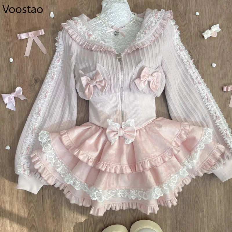Kawaii Lolita Style Women 2 Piece Set Japanese Sweet Pink Bow Zipper Coat Tops Lace Ruffle Mini Cake Skirt Female Fashion Outfit