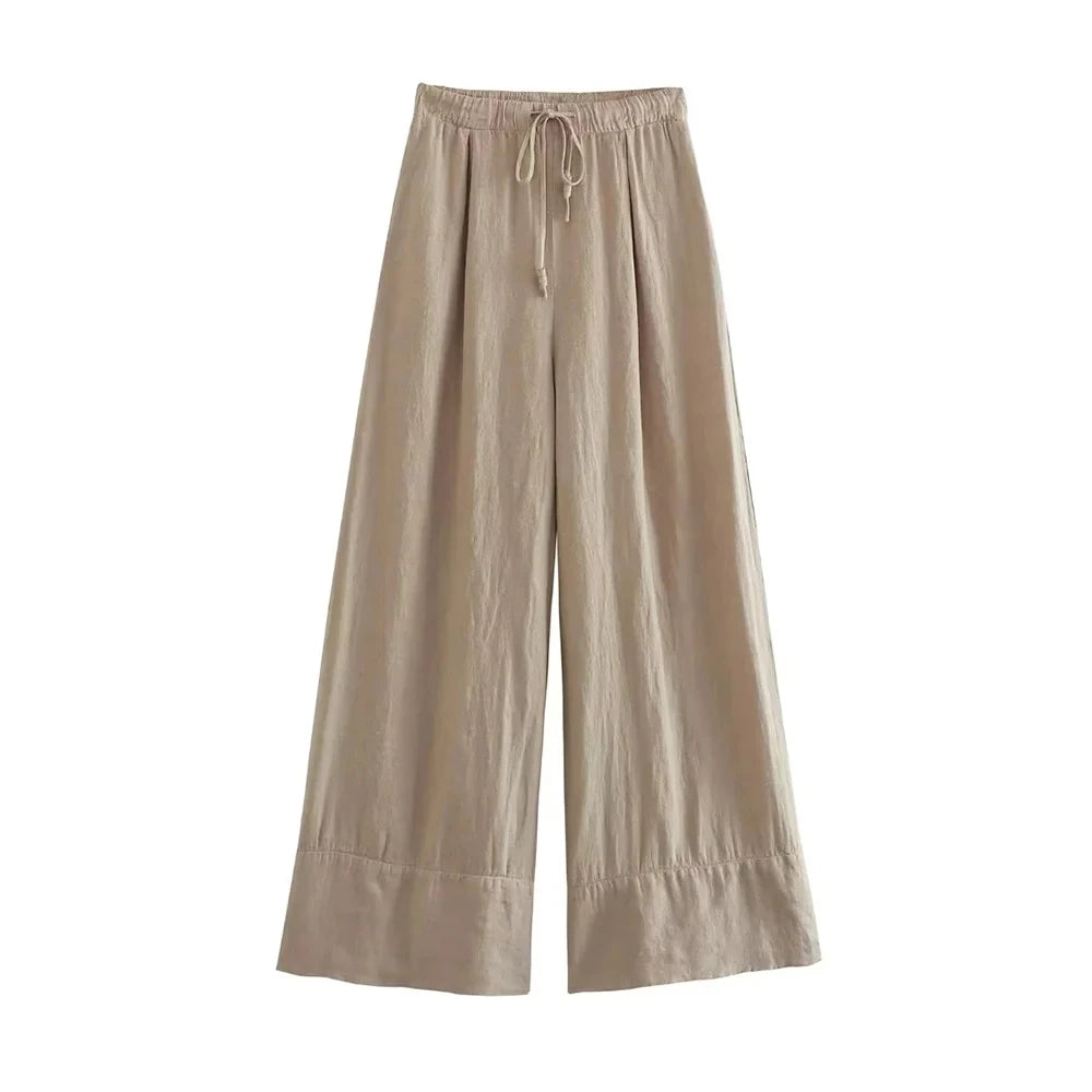 Women Fashion Side Pockets Linen Wide Leg Pants Vintage High Elastic Waist With Drawstrings Female Trousers Mujer