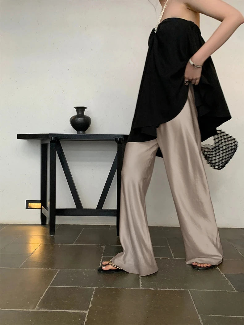 CHEERART Satin Pants For Women Korean Fashion 2023 Summer Trousers Casual Wide Leg Pants Beige Black Blue Bottoms Clothes