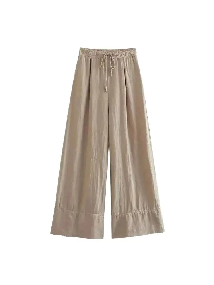 Women Fashion Side Pockets Linen Wide Leg Pants Vintage High Elastic Waist With Drawstrings Female Trousers Mujer