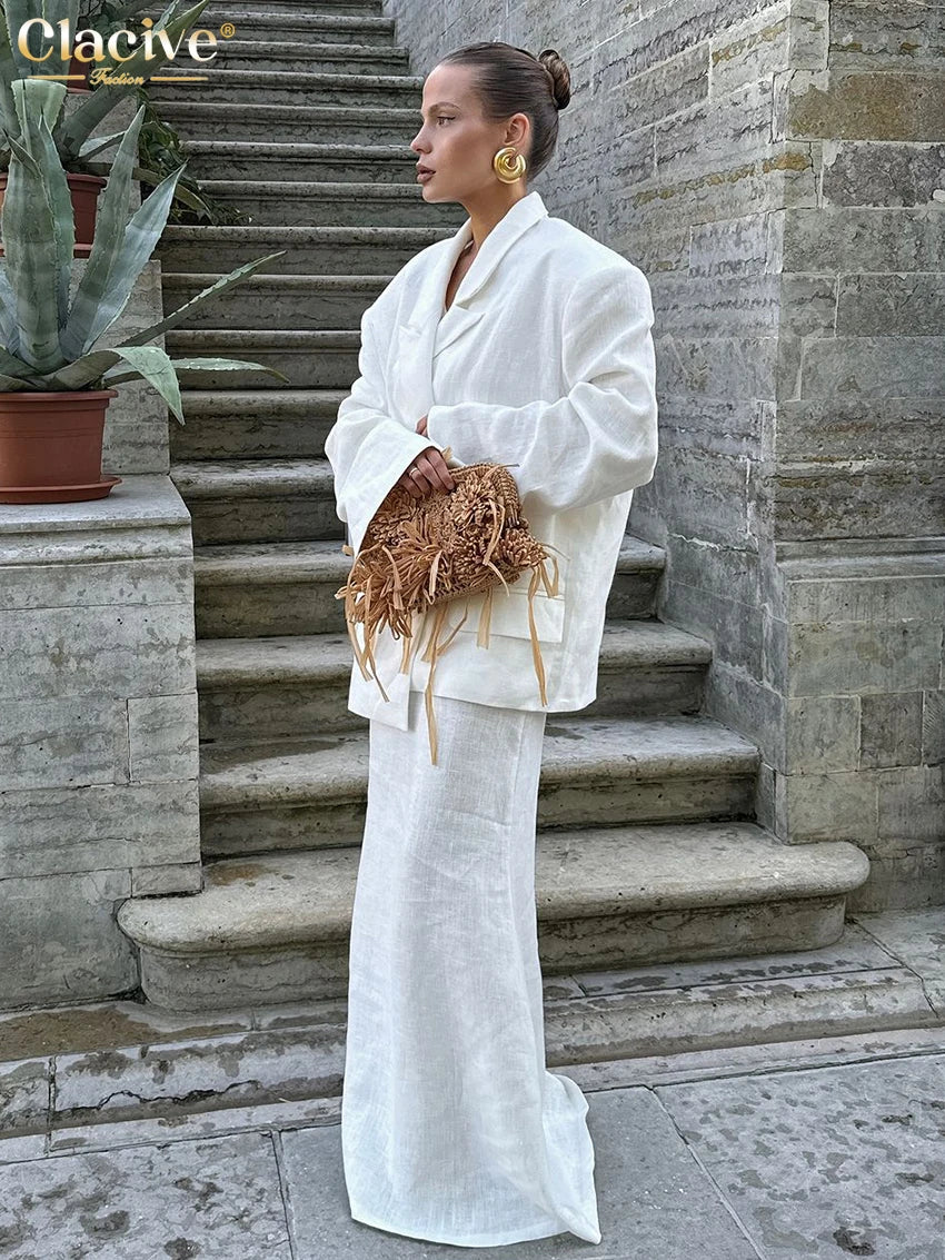 Clacive Fashion Loose White Cotton 2 Piece Sets Women Outfit Elegant Long Sleeve Blazer With High Waist Long Skirt Set Female