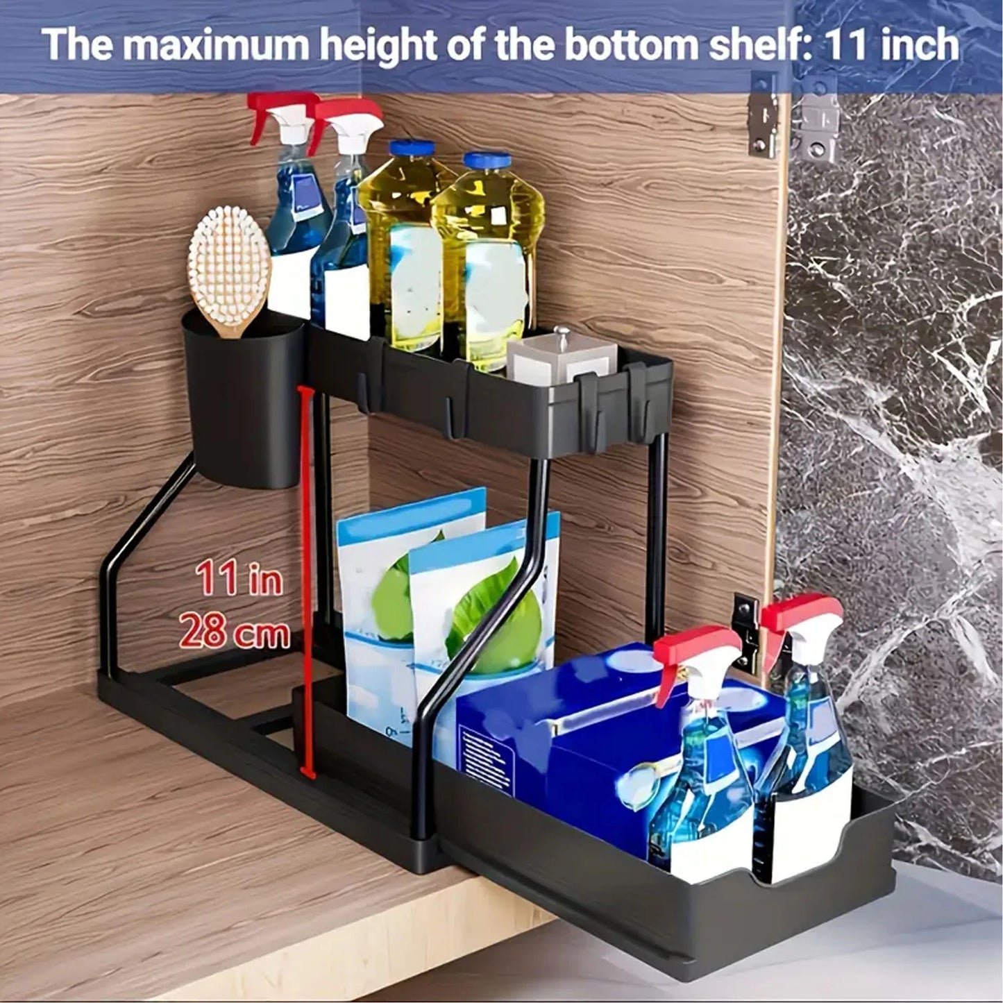 1 Piece of Double-Layer Pull-Out Storage Rack for Kitchen Desk and Bathroom under Sink Storage Rack, Multi-Functional R-Shaped Push-Pull Cabinet Storage Rack, Multi-Functional Desktop Bathroom Storage Drawer Organization and