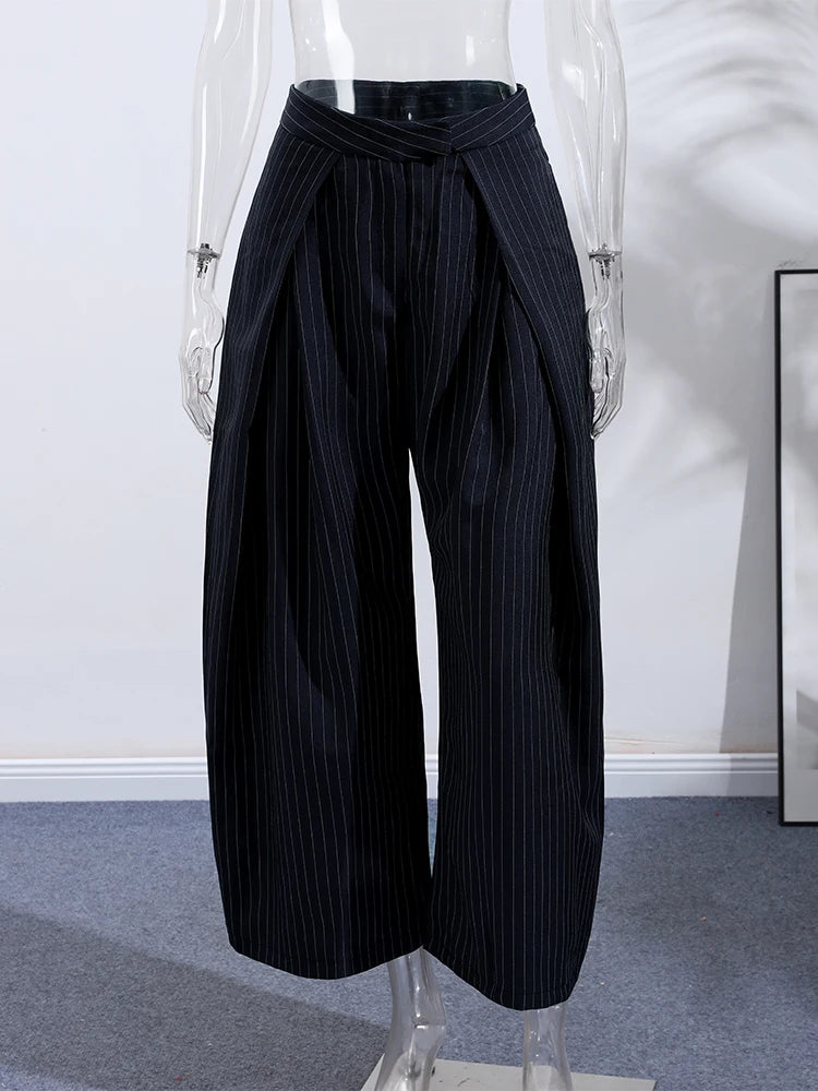 Fashion Stripe Pleated Wide Leg Pants For Women Casual Pockets High Waist Long Trousers 2025 Autumn New Lady Pants High Street