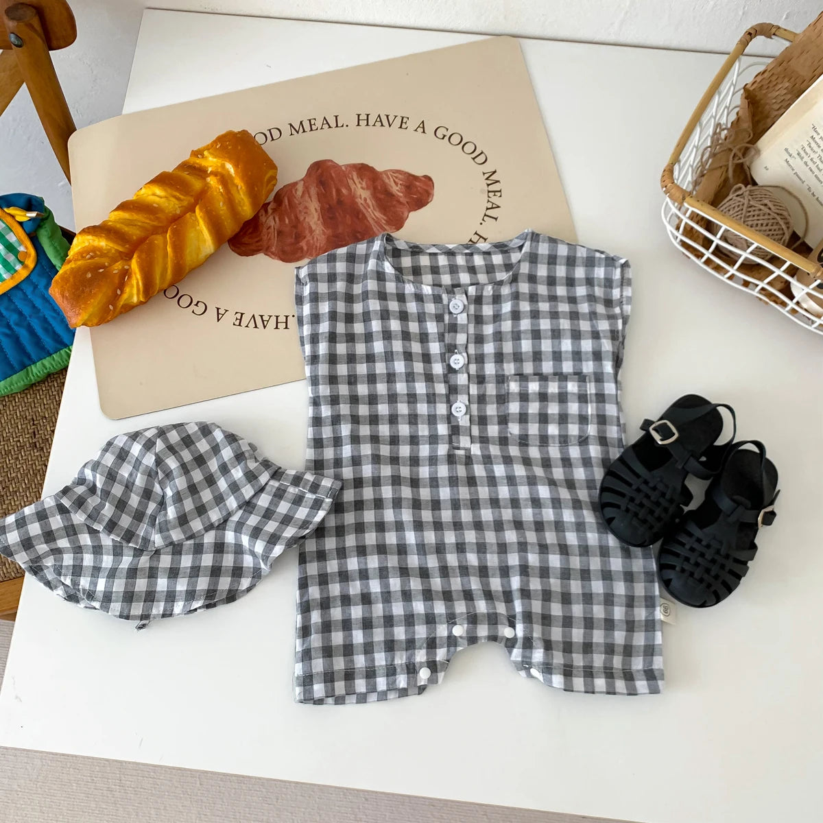 Baby Newborn Plaid Romper+Hat Bundles Toddler Girls Boys Sleeveless Summer Bodysuit Overalls Infant Clothes