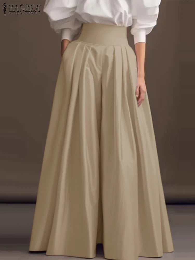 2025 ZANZEA Fashion Formal Trouser Vintage High Waisted Solid Pleating Pants Women Wide Leg Office Pantalons Casual Pockets Pant