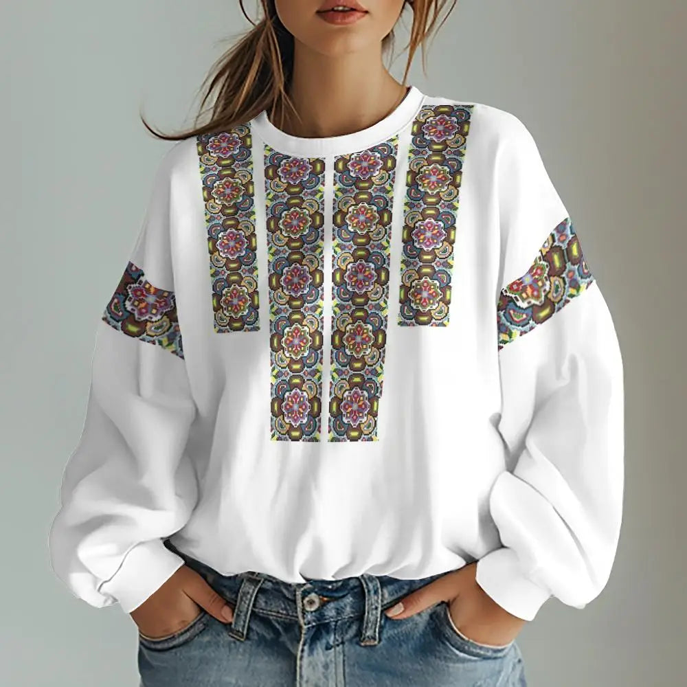 Ukrainian Embroidered Folk Print Womens Oversized Hoodie Long Sleeve Casual Pullover Warm Winter Fashion Streetwear Top