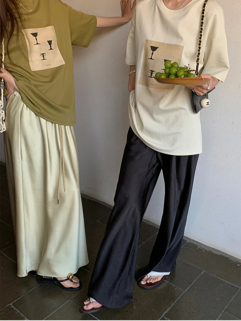 CHEERART Satin Pants For Women Korean Fashion 2023 Summer Trousers Casual Wide Leg Pants Beige Black Blue Bottoms Clothes
