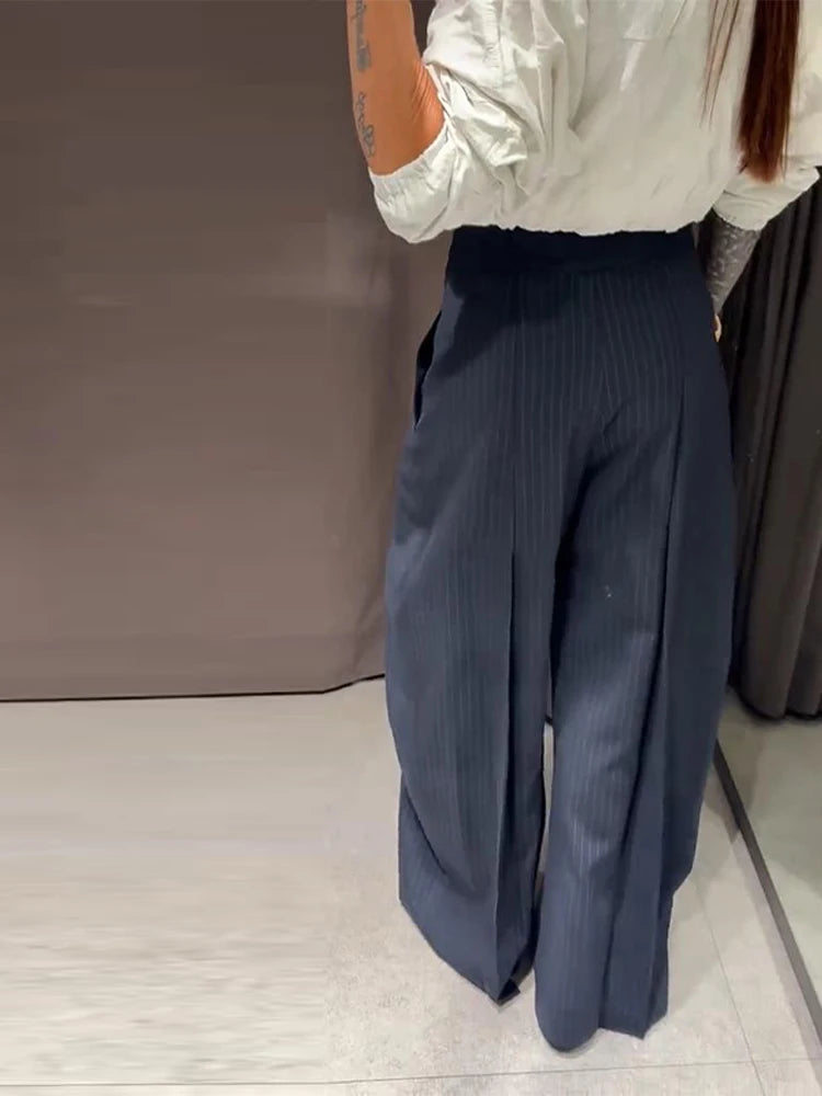Fashion Stripe Pleated Wide Leg Pants For Women Casual Pockets High Waist Long Trousers 2025 Autumn New Lady Pants High Street