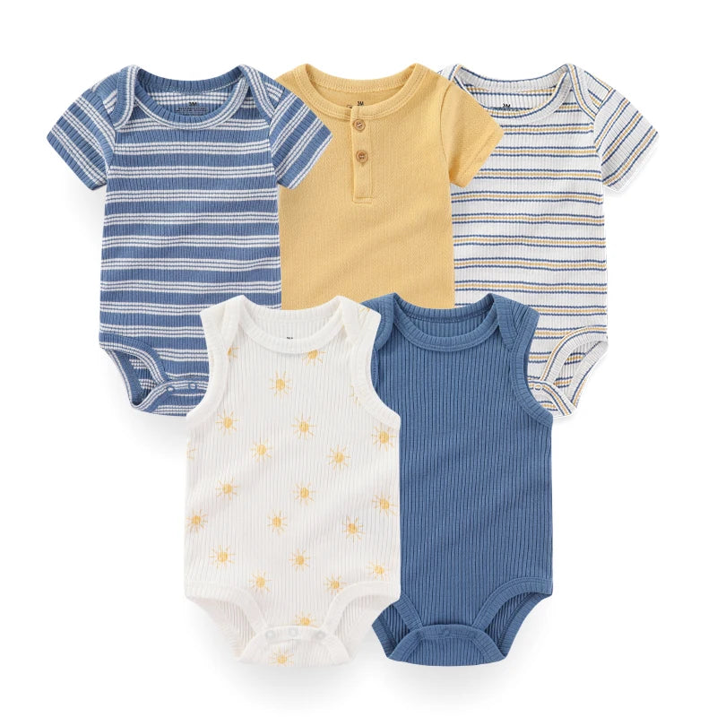 Kiddiezoom 5pcs Summer Short Sleeve Baby Boy Girl Bodysuits Soft Cartoon Newborn Baby Onesie