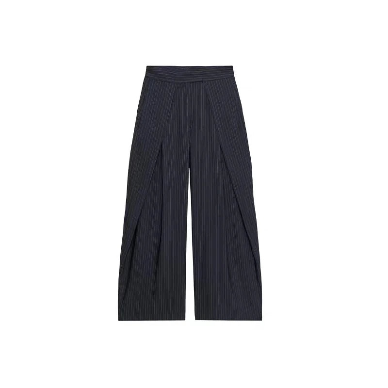 Fashion Stripe Pleated Wide Leg Pants For Women Casual Pockets High Waist Long Trousers 2025 Autumn New Lady Pants High Street