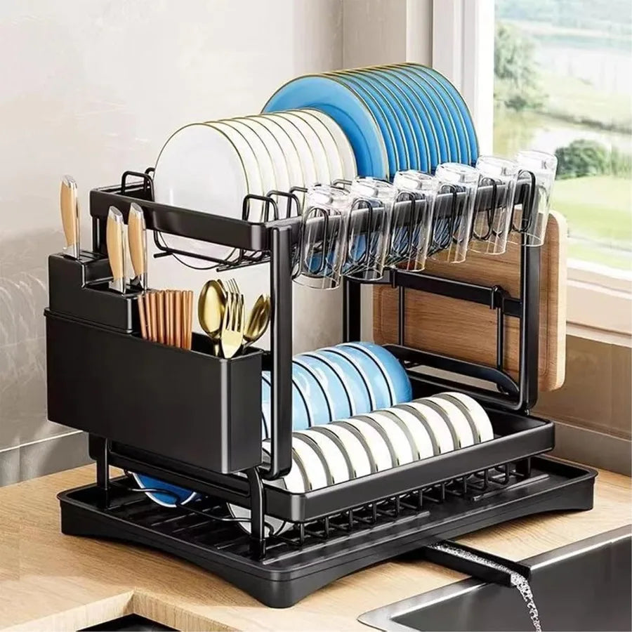 2Tier Dish Racks for Kitchen Counter Multifunctional Dish Drying Rack Large Capacity Metal Kitchen Dishes Drying Rack Plate Org
