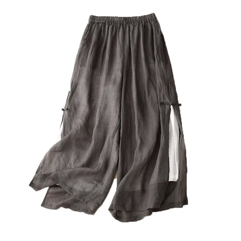 Gray Cotton Linen Casual Elastic High Waist With Lining Women's Pants Wide Leg Ankle-Length Pants For Women Clothing Fashion