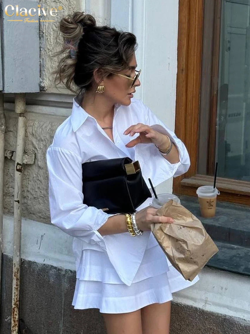 Clacive Fashion Loose White Cotton Women's Two Pieces Set 2025 Elegant Long Sleeve Shirt With High Waist Pleated Mini Skirt Set