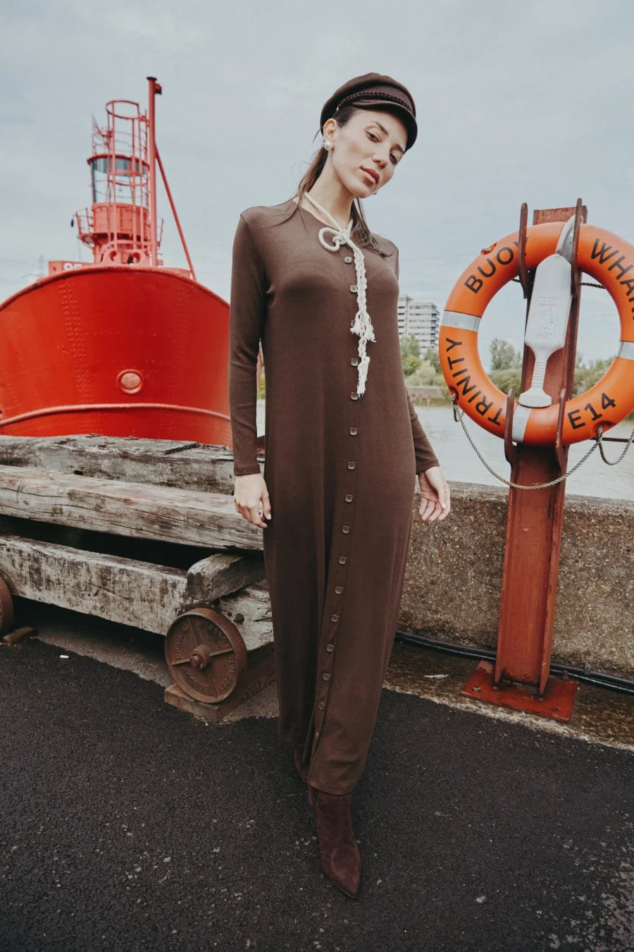 AS AW25 ribbing maxi dress woman fashion V neck comfortable button dress