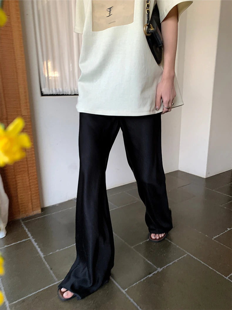 CHEERART Satin Pants For Women Korean Fashion 2023 Summer Trousers Casual Wide Leg Pants Beige Black Blue Bottoms Clothes