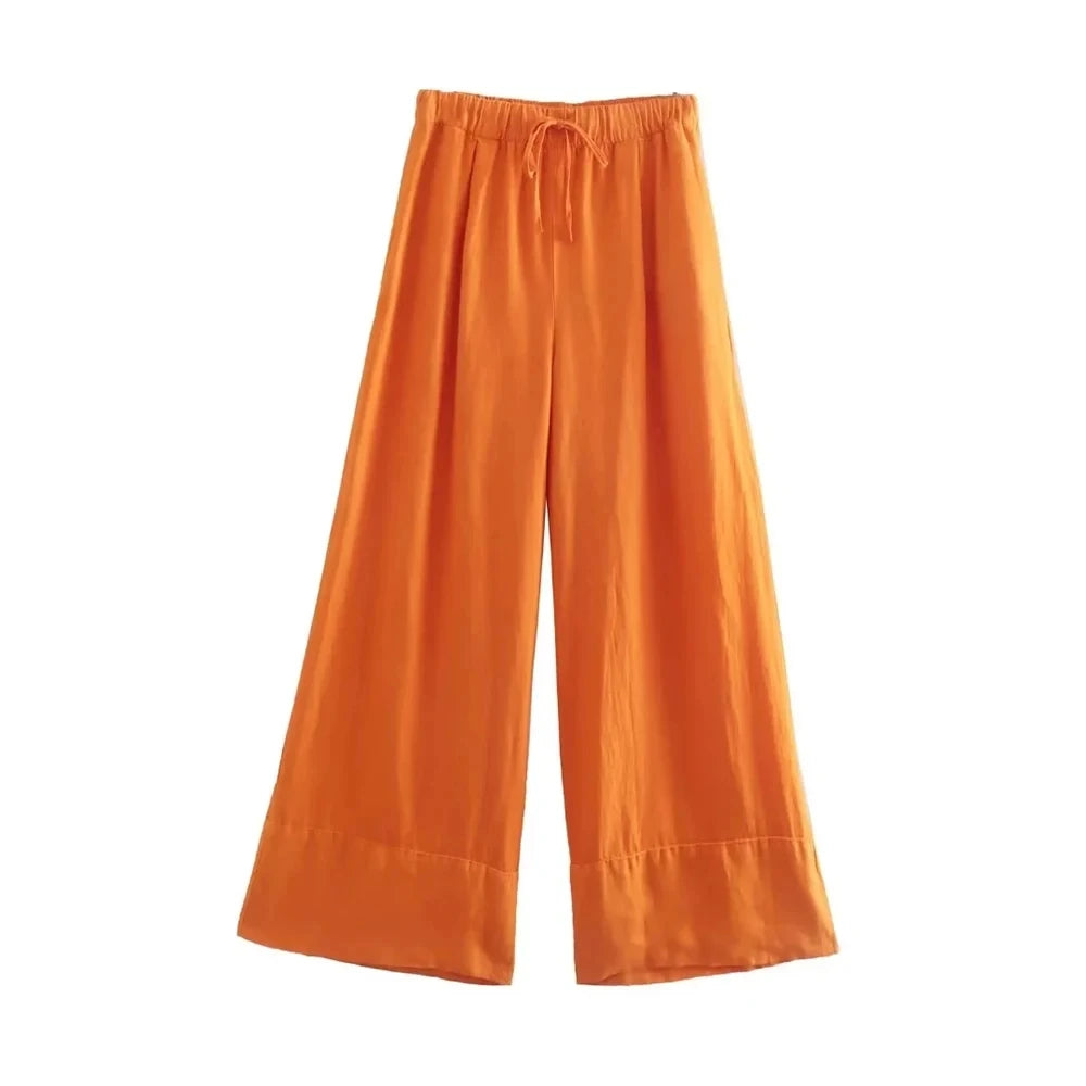 Women Fashion Side Pockets Linen Wide Leg Pants Vintage High Elastic Waist With Drawstrings Female Trousers Mujer