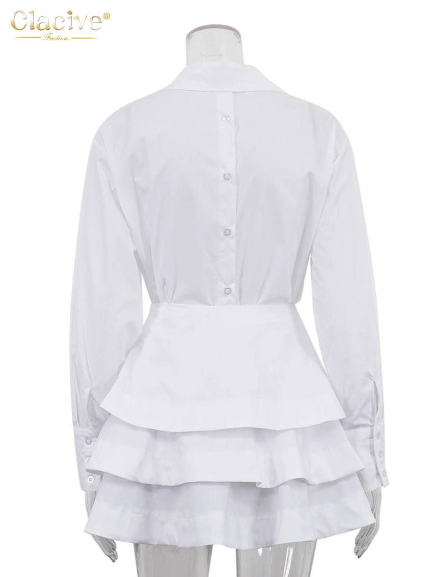 Clacive Fashion Loose White Cotton Women's Two Pieces Set 2025 Elegant Long Sleeve Shirt With High Waist Pleated Mini Skirt Set