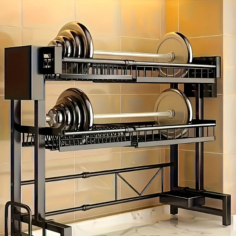 1 adjustable black metal kitchen rack with sink and lid -2-layer expandable dishwasher rack with cutlery rack.