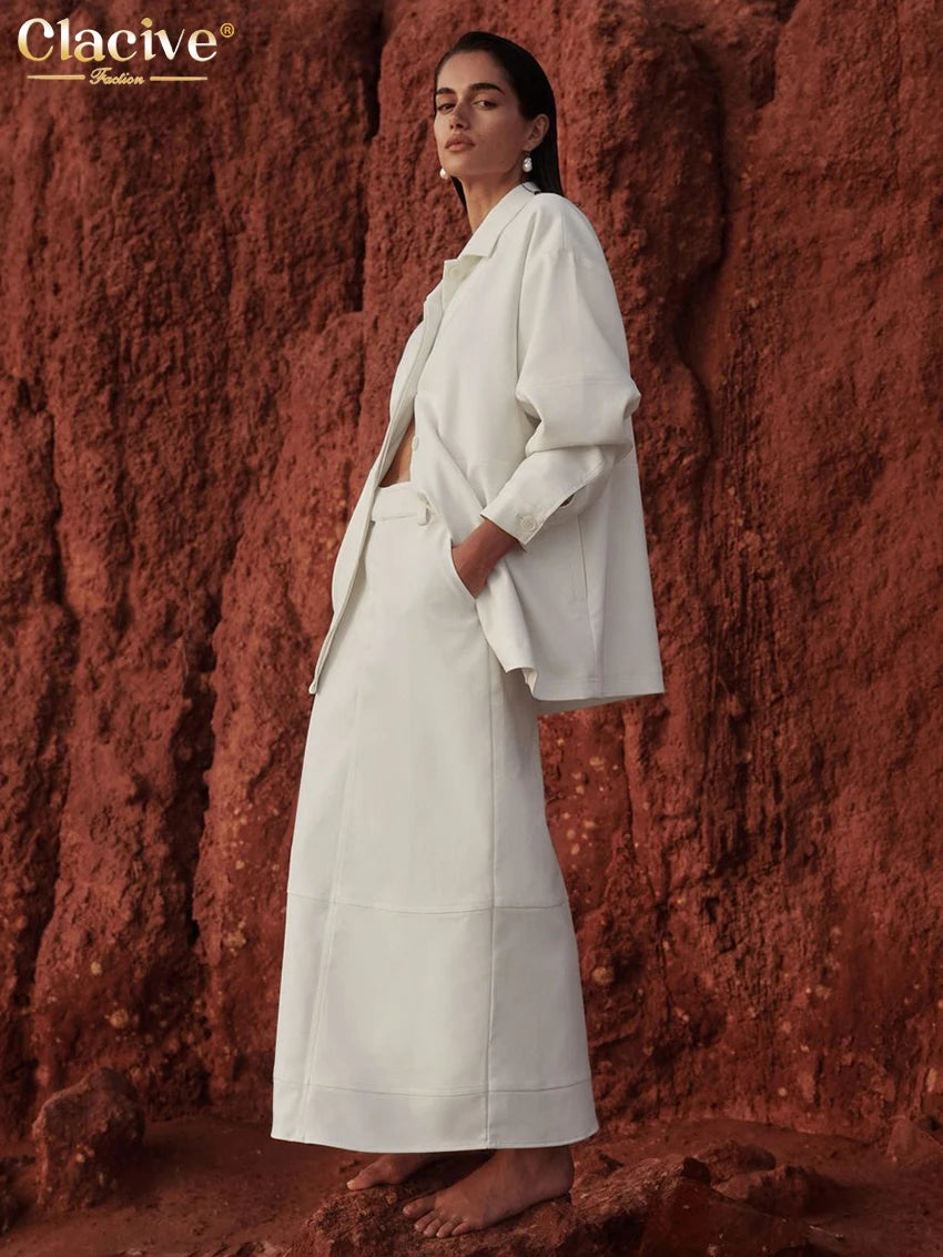 Clacive Fashion Loose White Office 2 Piece Set Women Outfit 2025 Elegant Long Sleeve Shirt With High Waist Long Skirt Set Female