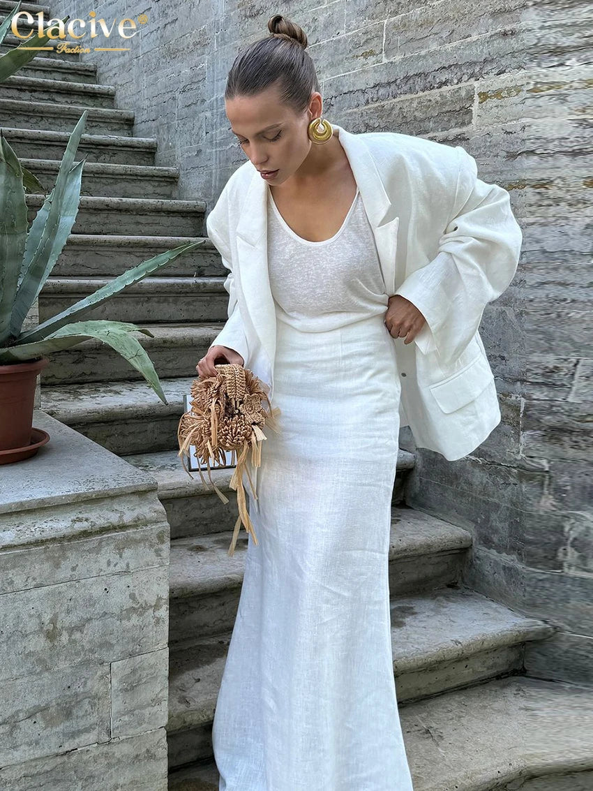 Clacive Fashion Loose White Cotton 2 Piece Sets Women Outfit Elegant Long Sleeve Blazer With High Waist Long Skirt Set Female