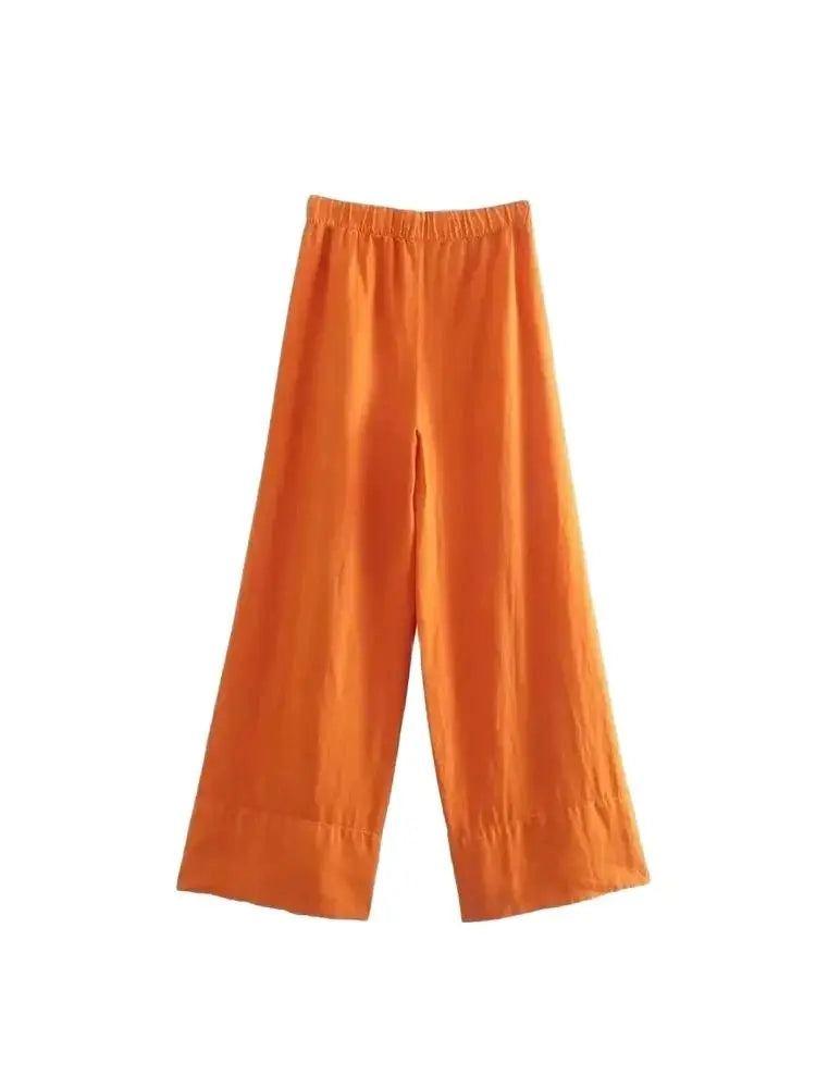 Women Fashion Side Pockets Linen Wide Leg Pants Vintage High Elastic Waist With Drawstrings Female Trousers Mujer
