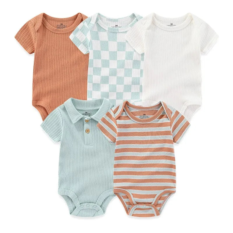 Kiddiezoom 5pcs Summer Short Sleeve Baby Boy Girl Bodysuits Soft Cartoon Newborn Baby Onesie