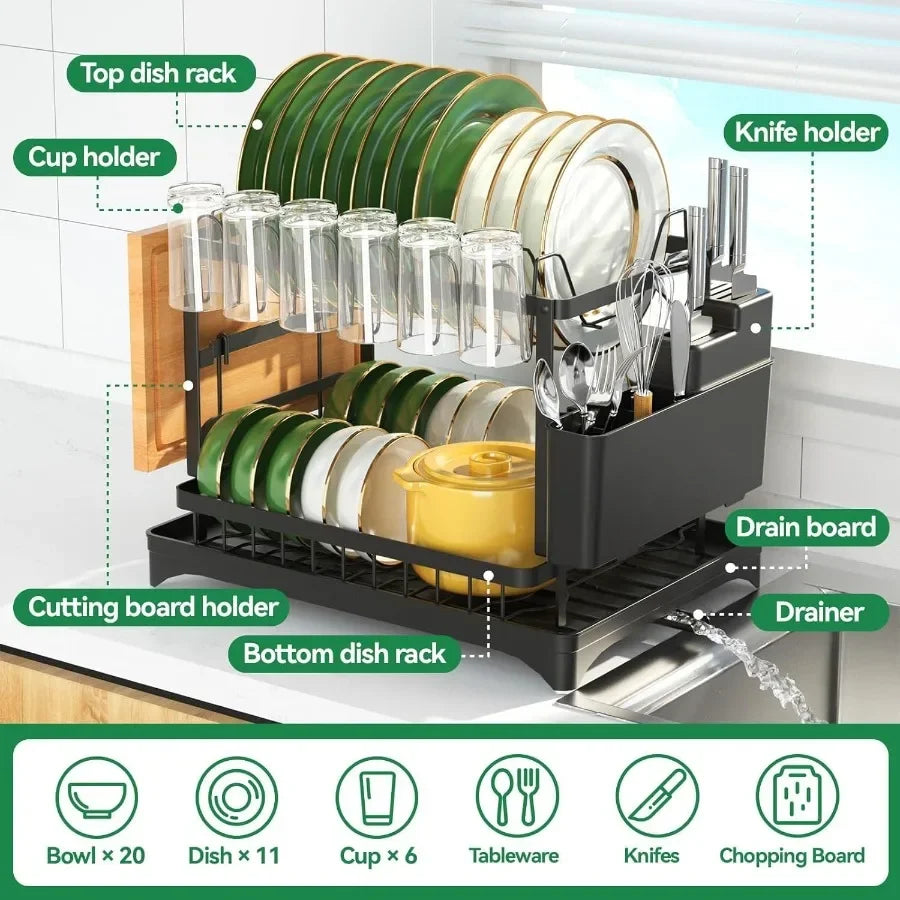 2Tier Dish Racks for Kitchen Counter Multifunctional Dish Drying Rack Large Capacity Metal Kitchen Dishes Drying Rack Plate Org