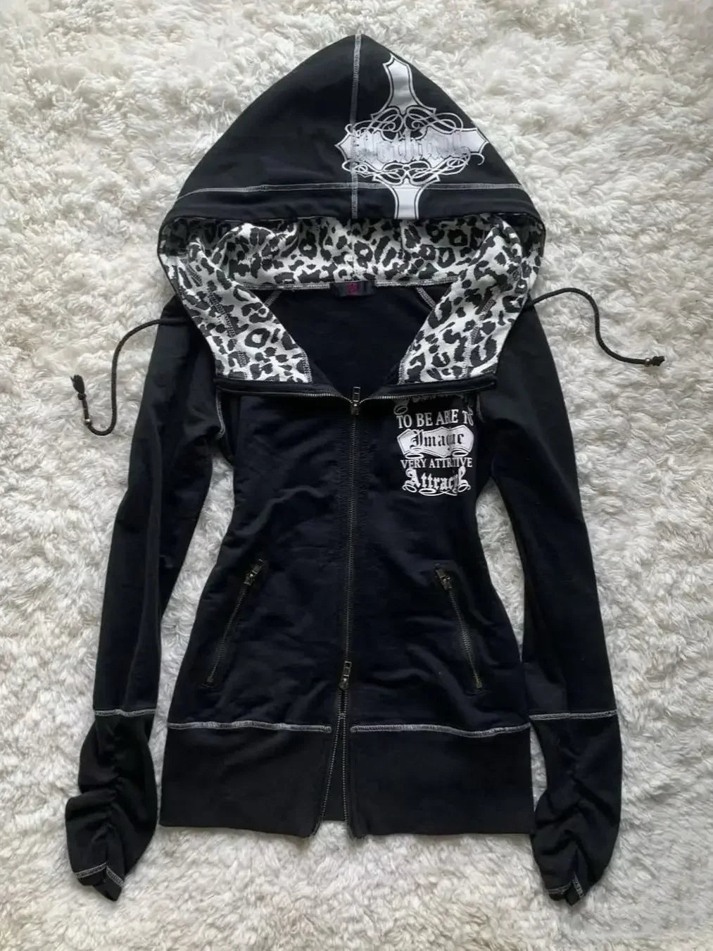 Gothic Punk Leopard Print Hoodie Harajuku Retro Slim Fit Spicy Girl Multifunctional Zipper Hoodie Hip Hop Fashion Sportswear