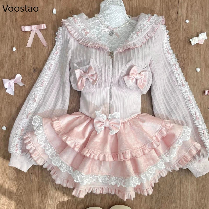 Kawaii Lolita Style Women 2 Piece Set Japanese Sweet Pink Bow Zipper Coat Tops Lace Ruffle Mini Cake Skirt Female Fashion Outfit