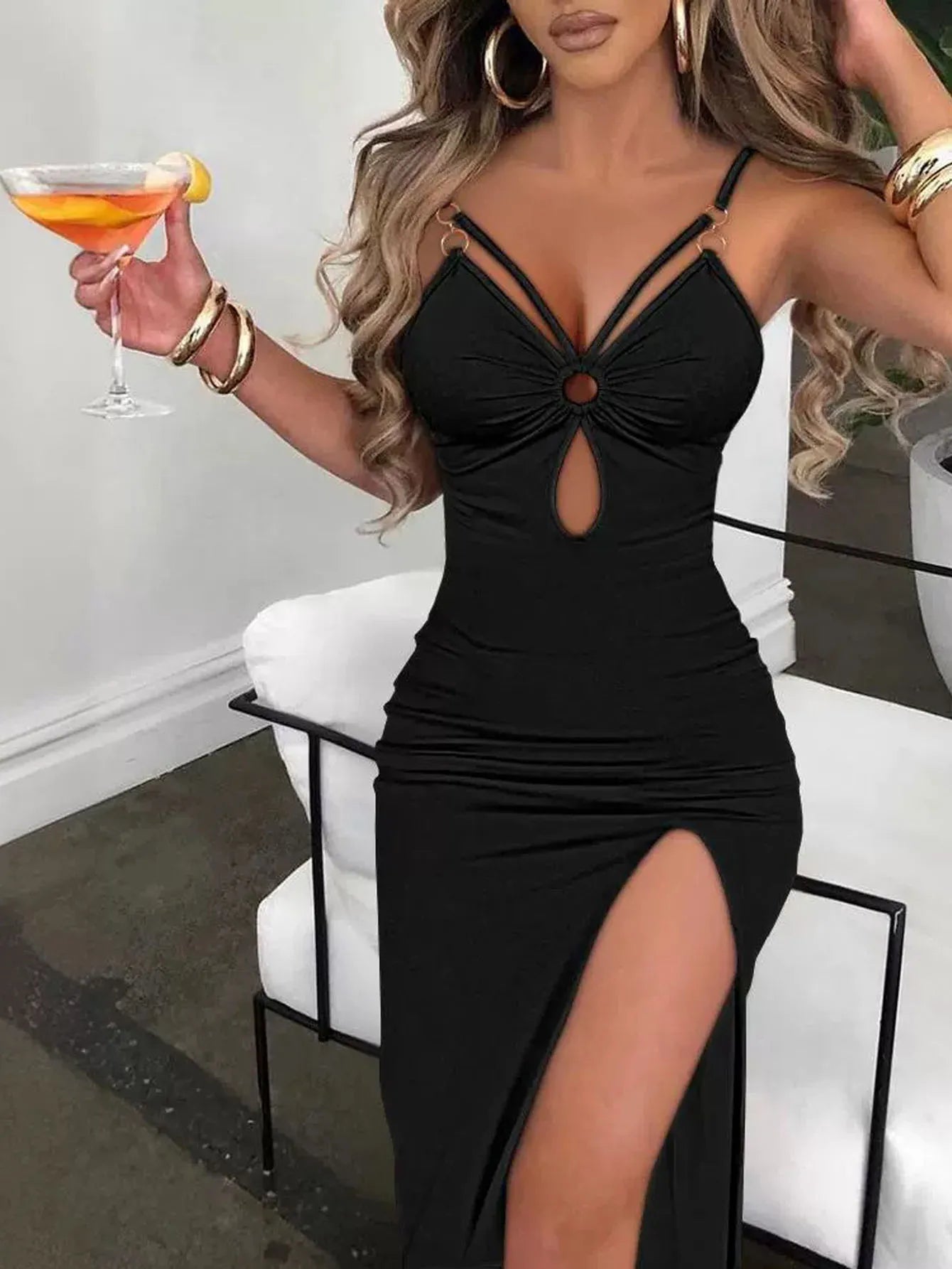 Fashion Cut Out Ring Solid Cami Dress, Sexy Spaghetti Strap Backless Slim Split Chest Ruched Dress, Women's Clothing